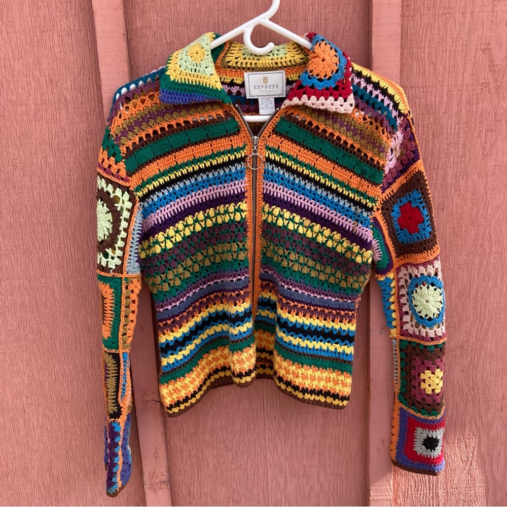 Vintage Granny Square Crochet zipper jacket sweater from Express Tricot